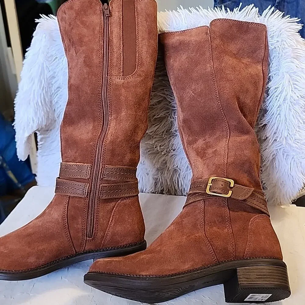 CLARKS NWOB MAYE SHINE BROWN LEATHER SUEDE BOOTS WITH BUCKLE ZIPPERS SIZE 7